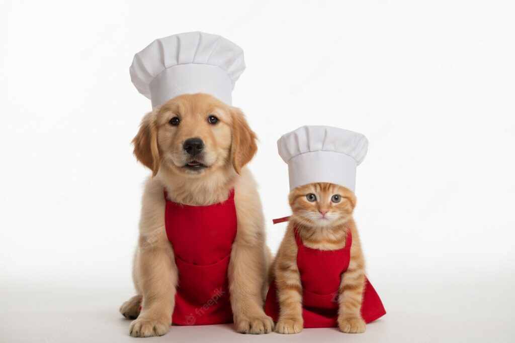 Um filhote de golden retriever e um gatinho alaranjado usam chapéus de chef e aventais vermelhos contra um fundo branco.